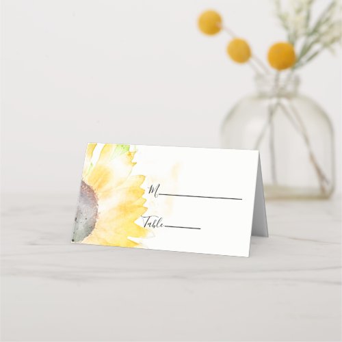 Yellow Sunflower on White Watercolor Wedding Place Card