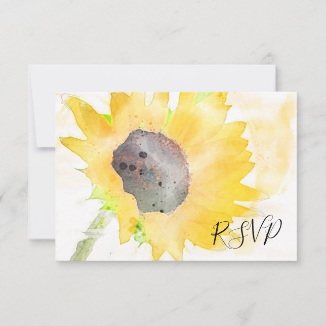 Yellow Sunflower on White Watercolor Wedding RSVP (Front)