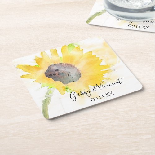 Yellow Sunflower on White Watercolor Wedding Square Paper Coaster
