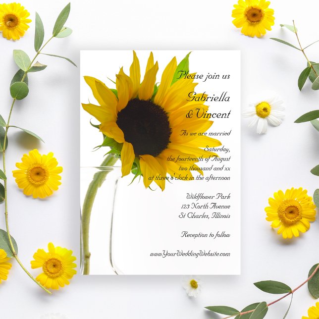 Yellow Sunflower on White Wedding Invitation (Set the tone for a summer  or fall marriage with the pretty Sunflower on White Wedding Invitation.)
