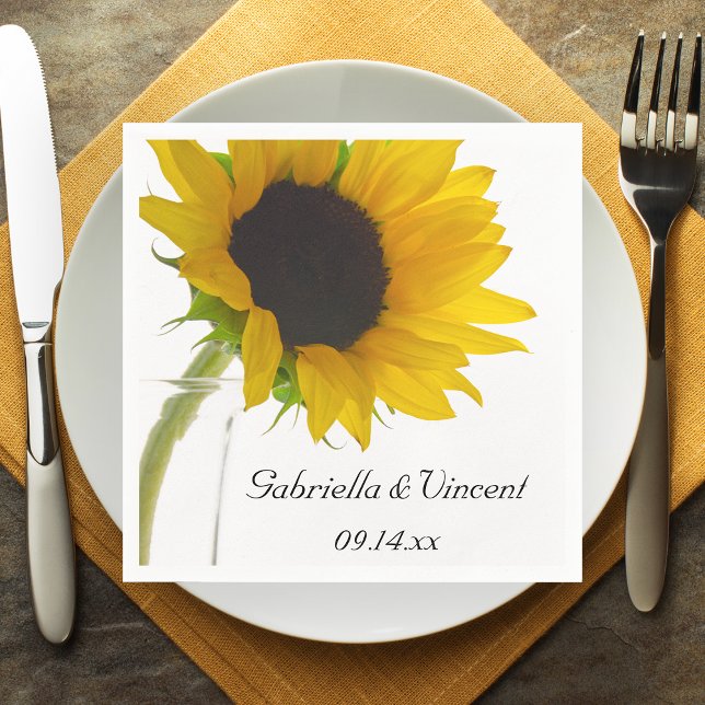 Yellow Sunflower on White Wedding Paper Napkins (Creator Uploaded)