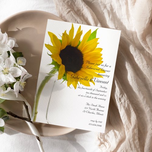 Yellow Sunflower on White Wedding Rehearsal Dinner Invitation