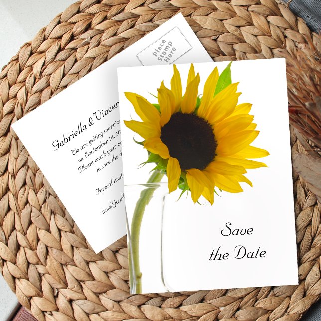 Yellow Sunflower on White Wedding Save the Date Announcement Postcard (Creator Uploaded)
