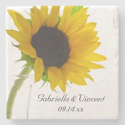 Yellow Sunflower on White Wedding Stone Coaster