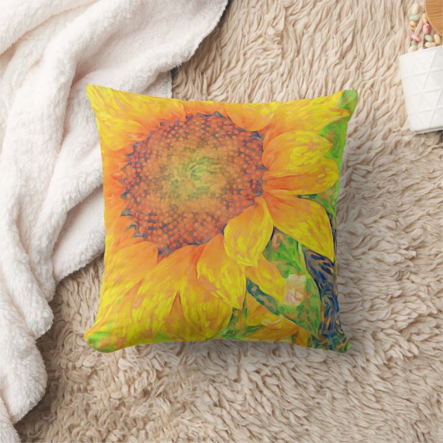 Yellow Sunflower Painterly-Green accents Throw Pillow (Blanket)