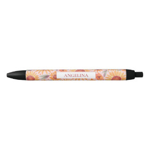 Yellow Sunflower Pattern Blush Pink Personalized Pen