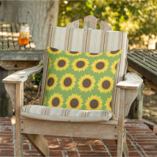 Yellow Sunflower Pattern Illustration On Green Outdoor Pillow
