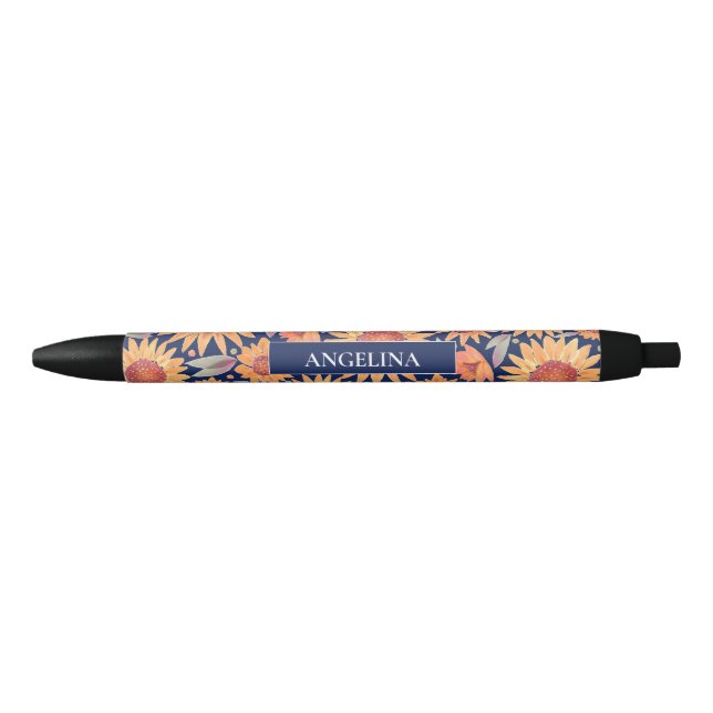 Yellow Sunflower Pattern Navy Blue Personalized  Pen (Front)