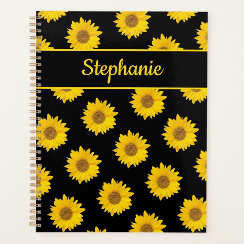 Yellow Sunflower Pattern on Black Custom Name Planner