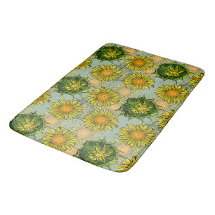 Yellow Sunflower Pattern on Teal Background  Bath Mat
