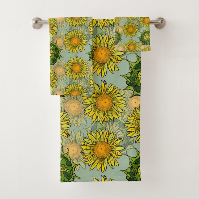 Yellow Sunflower Pattern on Teal Background Bath Towel Set (Insitu)