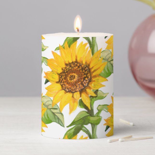Yellow sunflower pattern pillar candle (In Situ)