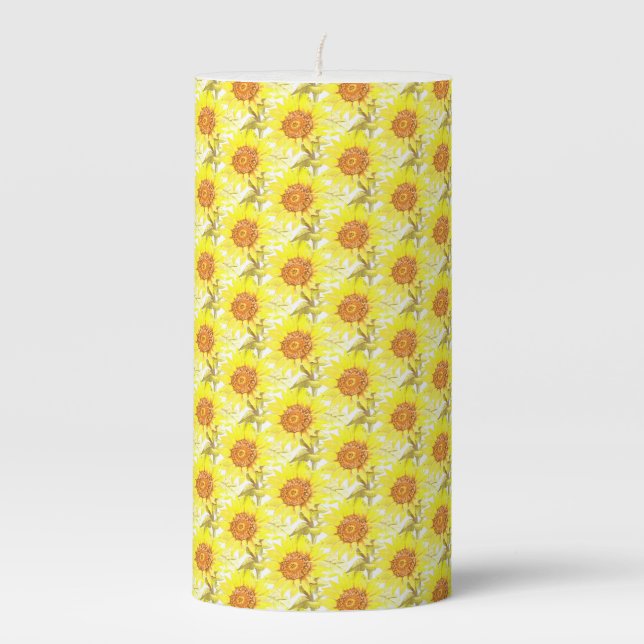 Yellow sunflower pattern pillar candle (Front)