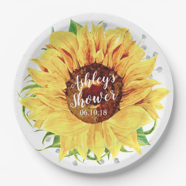 Yellow Sunflower Personalized Bridal Shower Paper Plates (Front)
