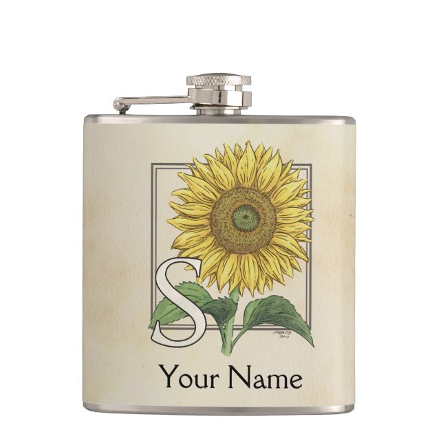 Yellow Sunflower Personalized Monogram Hip Flask (Front)