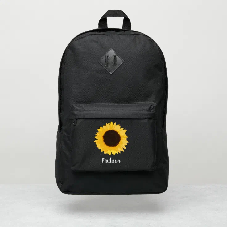 black backpack with sunflowers