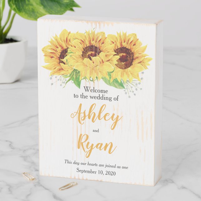 Yellow Sunflower Personalized Wedding Welcome Wood Wooden Box Sign (In Situ Vertical)