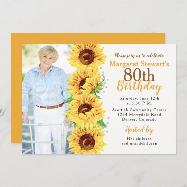 Yellow Sunflower Photo 80th Birthday Invitation (Front/Back)