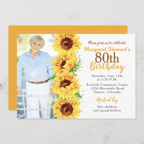 Yellow Sunflower Photo 80th Birthday Invitation