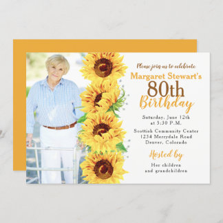 Yellow Sunflower Photo 80th Birthday Invitation