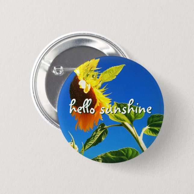 Yellow Sunflower Photo Hello Sunshine Script Bold Pinback Button (Front & Back)