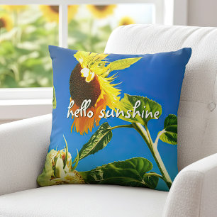 Yellow Sunflower Photo Hello Sunshine Script Bold Throw Pillow