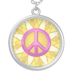 Yellow Sunflower Pink Peace Sign Necklace