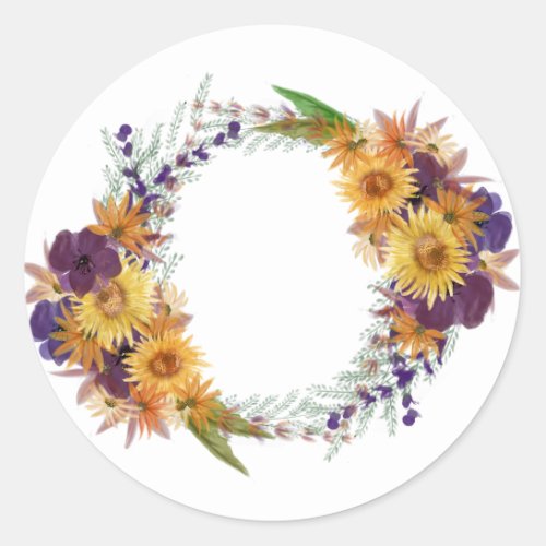 Yellow sunflower pink purple floral wreath classic round sticker