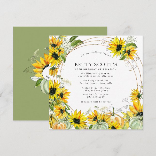 Yellow Sunflower Pumpkin Autumn 90th Birthday Invitation (Front/Back)