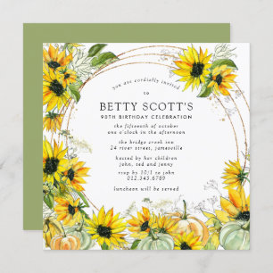 Yellow Sunflower Pumpkin Autumn 90th Birthday Invitation