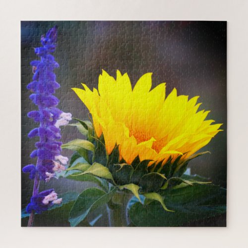 Yellow Sunflower Purple Russian Sage Flower Photo  Jigsaw Puzzle