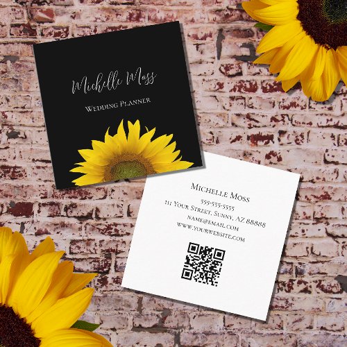 Yellow Sunflower QR code Modern Black Square Business Card