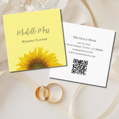 Yellow Sunflower QR code Wedding Planner Square Business Card