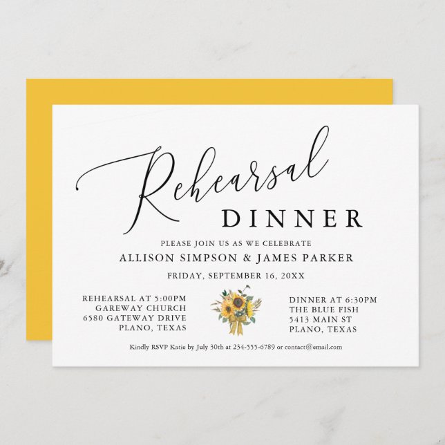 Yellow Sunflower Rehearsal Dinner Invitation (Front/Back)
