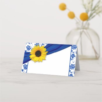 Yellow Sunflower Royal Blue Floral Wedding Place Card by wasootch at Zazzle