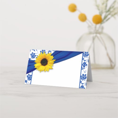 Yellow Sunflower Royal Blue Floral Wedding Place Card
