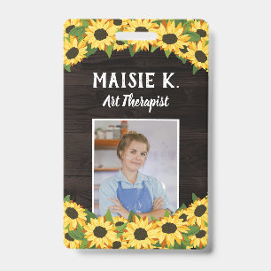 Yellow Sunflower & Rustic Dark Wood Photo Badge