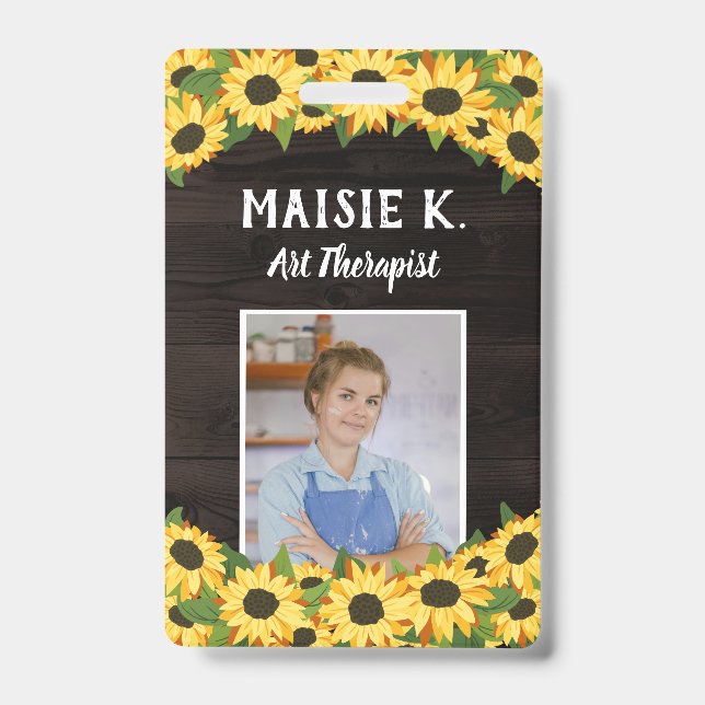 Yellow Sunflower & Rustic Dark Wood Photo Badge (Front)