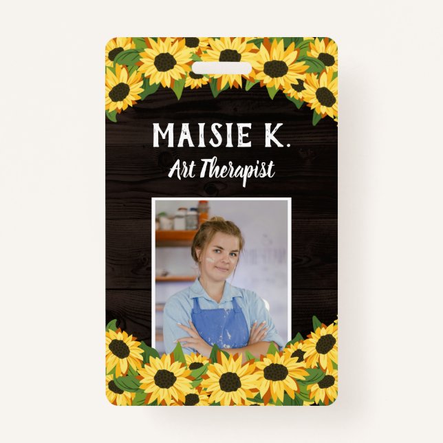 Yellow Sunflower & Rustic Dark Wood Photo Badge (Front)