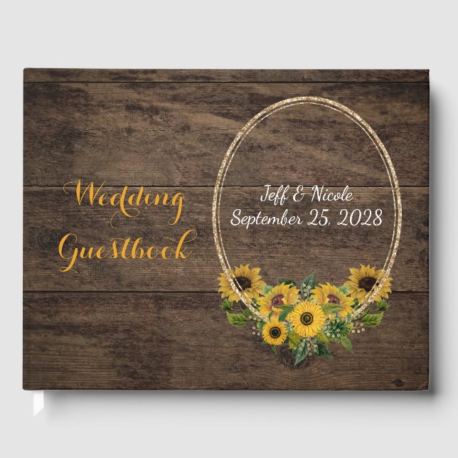 Yellow Sunflower Rustic on Wood Guest Book (Front)