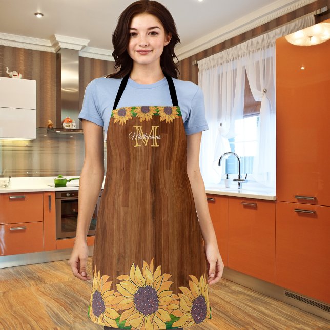 Yellow Sunflower  Rustic Wood Family Monogram Apron (Creator Uploaded)