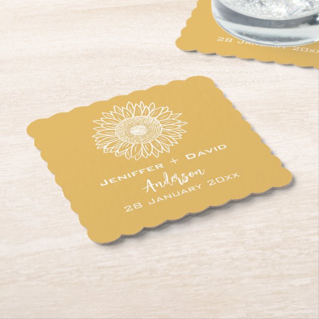 Yellow Sunflower Sketch Personalized Wedding Paper Coaster (Angled)