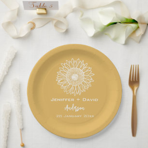 Yellow Sunflower Sketch Personalized Wedding Paper Plates