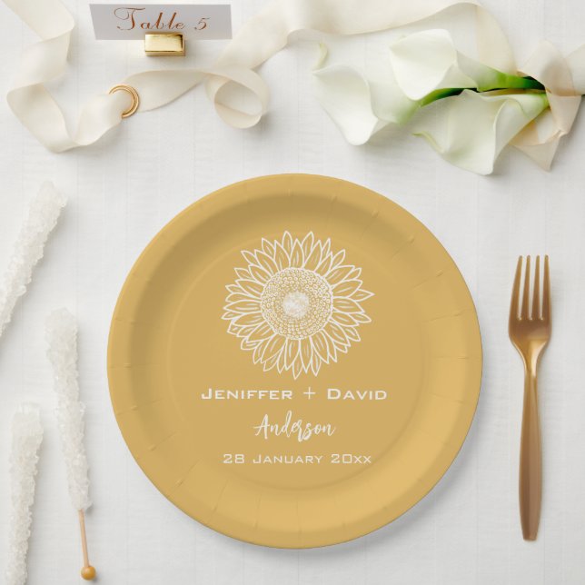 Yellow Sunflower Sketch Personalized Wedding Paper Plates (Wedding)