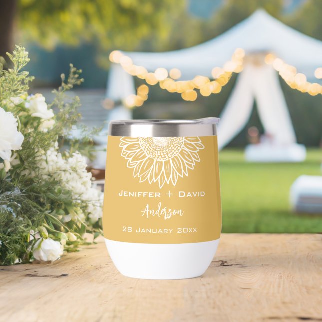 Yellow Sunflower Sketch Personalized Wedding Thermal Wine Tumbler (Wedding)