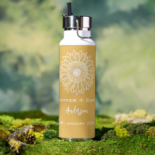 Yellow Sunflower Sketch Personalized Wedding Water Bottle