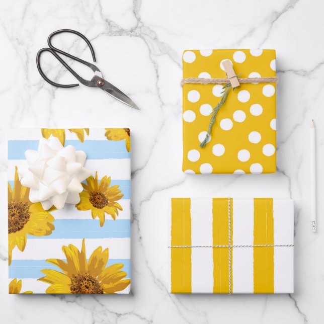 Yellow Sunflower Spots And Stripes Pattern Wrapping Paper Sheets (Front)