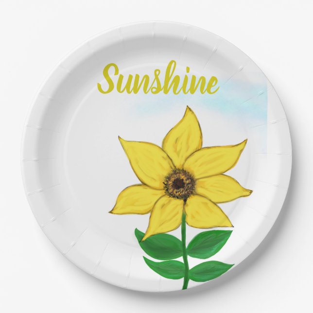 Yellow Sunflower Sunshine Typography Paper Plates (Front)