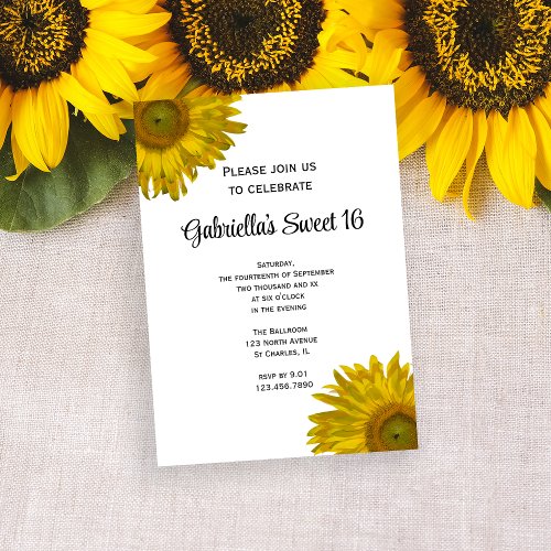 Yellow Sunflower Sweet 16 Birthday Party Invite