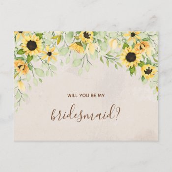 Yellow Sunflower Watercolor Be My Bridesmaid Invitation Postcard by melanileestyle at Zazzle